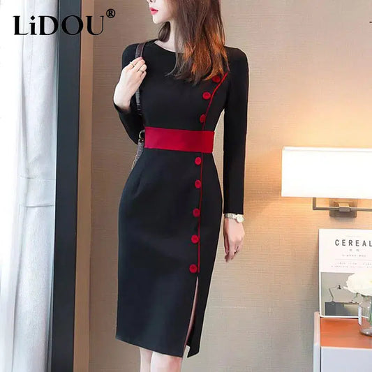 Cheky - Autumn Winter High Waist Buttons Bodycon Dress Women Elegant Fashion Evening Dresses Ladies Temperament Robe Vestido De Fiesta