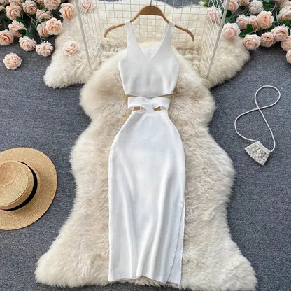 Cheky - YuooMuoo Women Dress Sexy Cut Out Waist Package Hips Split Bodycon Dress Summer Fashion Lady Knitted Party Vestidos Sundress