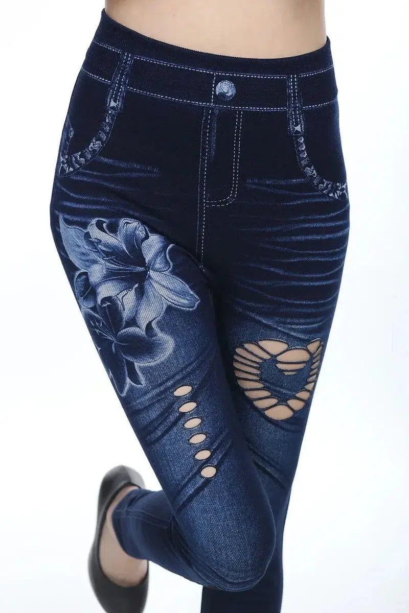 Cheky - Denim Leggings Capris Hollow