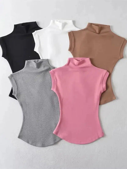 Cheky - Women Summer Sexy Turtleneck Sleeveless T-Shirts Tops Solid Slim Fit Pullovers Causal Tees Shirts Female Streetwear Basics Tees