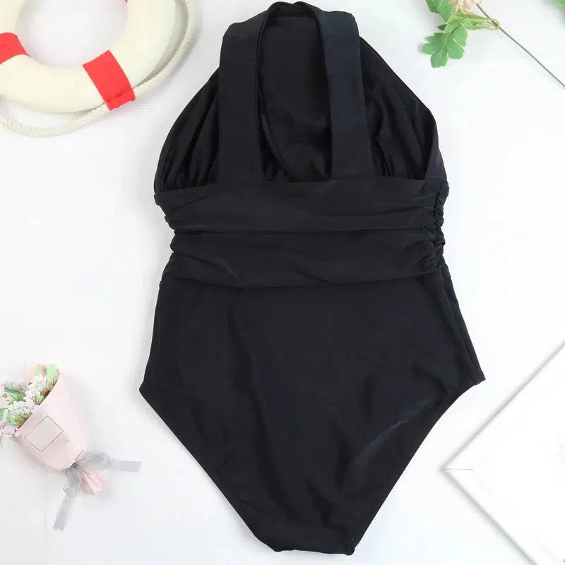 Cheky - One Piece Swimsuit Women Sexy Cross Bandage High Waist Padded Solid Backless Bikini Halter Tankini Swimwear Female Bathing Suit