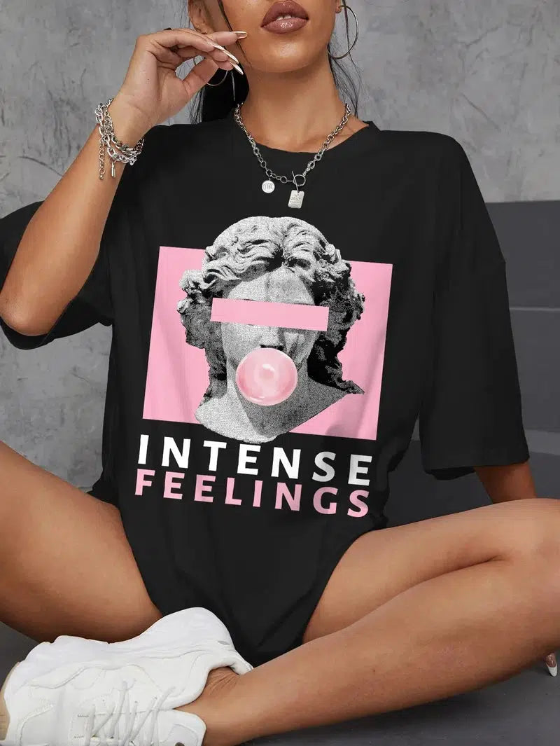 Cheky - INTENSE FEELINGS Street Hip Hop Female T-Shirts Loose Oversize Short Sleeve Soft Cotton Soft Tops Summer Breathable Tee Clothing