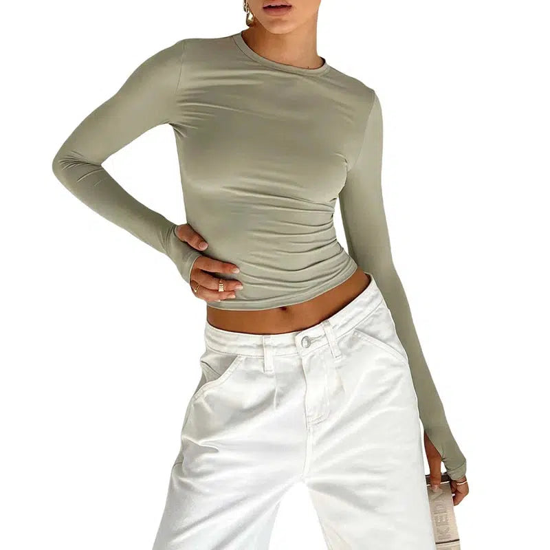 Cheky - Fashion Women T-shirt Long Sleeve Crew Neck Solid Slim Fit Ladies Crop Top with Thumb Holes for Daily Streetwear Summer Camis