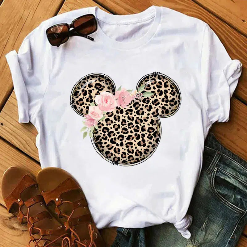 Cheky - Disney T Shirt Women Flower Minnie Mouse Clothes Leopard Print Kawaii T-Shirt Summer Tops Harajuku Black Women Tees