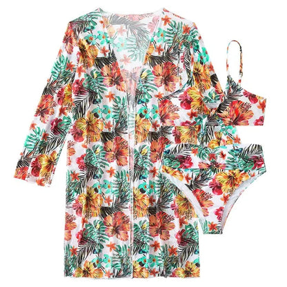 Cheky - Sexy High Waisted Bikini Three Pieces Floral Printed Swimsuit Women Bikini Set With Mesh Long-Sleeved Blouse Size S-3XL 2024 New