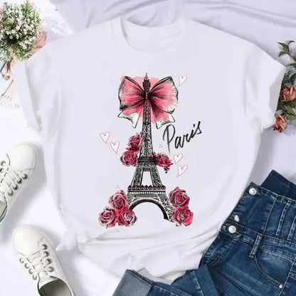 Cheky - Short Sleeve Butterfly Bow Sweet Flower Fashion Summer Women Print T Shirt Female Casual Top Tshirts Cartoon Graphic Tee T-Shirt