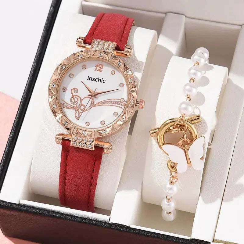 Cheky - Female New Luxury Ladies Watch Bracelet Set Quartz Wristwatch 2 PCS Set Women Watch Clock Gift Leather Strap Reloj Mujer