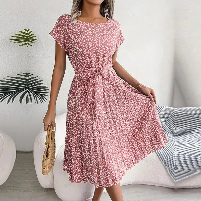 Cheky - Women Spring Summer Short Sleeve High Waist Chic Dress Fashion Floral Pleated A Line Long Dress