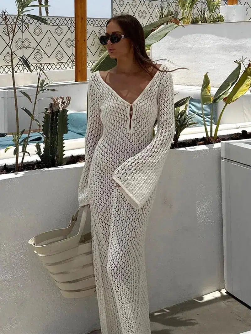 Cheky - Sexy Women White Long Knit Sleeve Bikin Fashion Cover up Female See-Through Deep V-Neck Hollow-Out Beach Knitwear Backless Dress