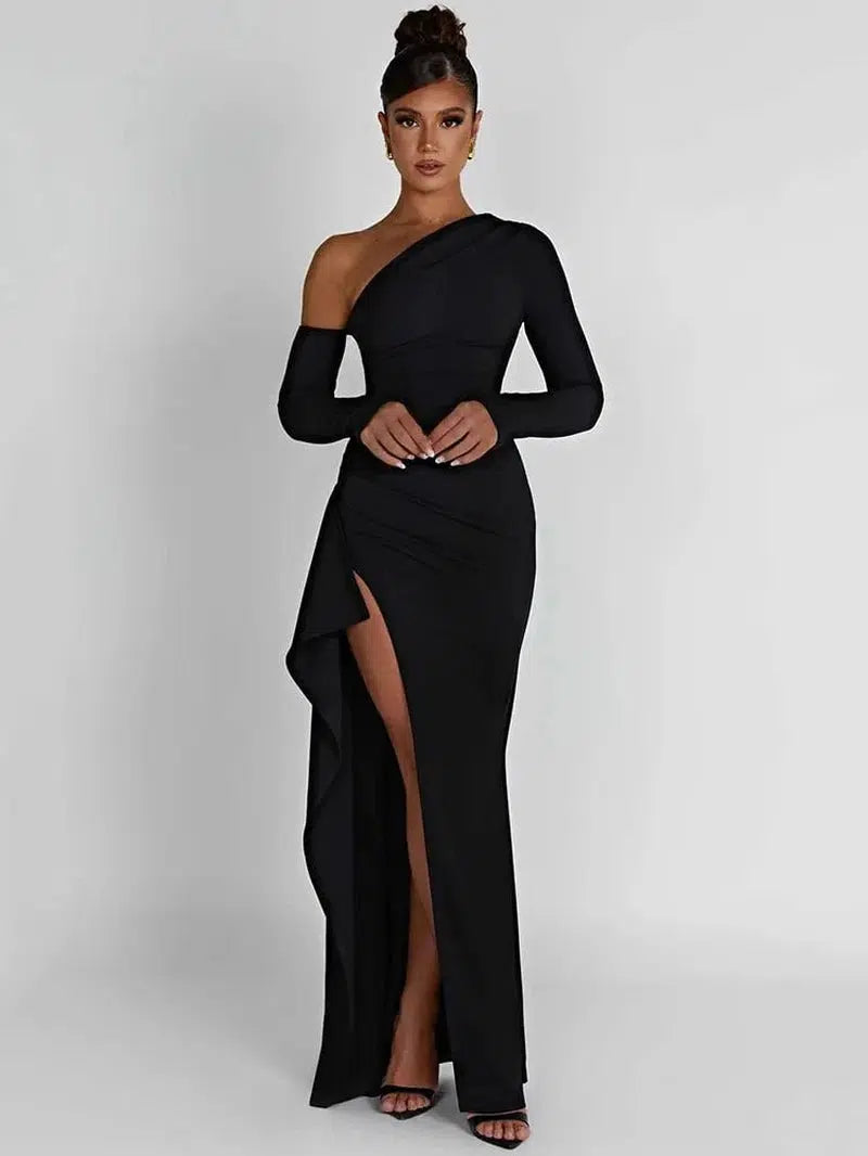 Cheky - Oblique Shoulder High Split Maxi Dress - Sexy Backless Party Wear