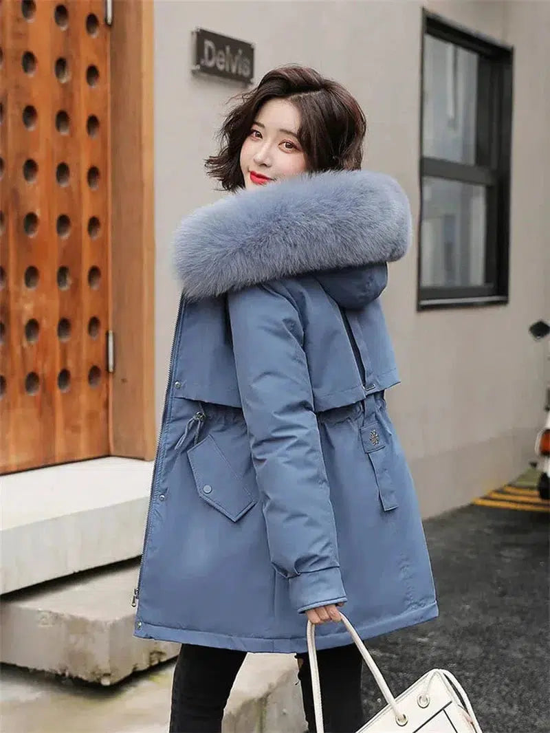 Cheky - Winter Coat Men Women Short Loose Add Velvet Thick Warmth Fur Hooded Parkas 2023 Fashion Korean Adjutable Belt Slim Cotton Coat