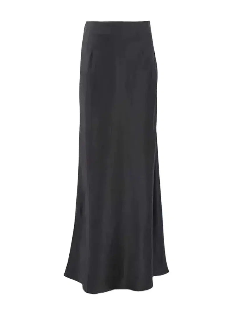 Cheky - Women's Black Elegant Satin Fashion Slim Skirts Four Seasons Casual High Waist Club Office Maxi Skirt