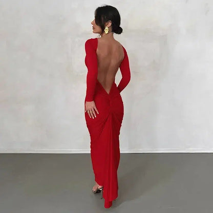 Cheky - Backless Maxi Dress Elegant Red Long Sleeve Sexy Ruched Bodyocn Evening Party Dress for Women Spring Slim Christmas Outfits