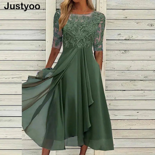 Cheky - New Elegant Green Party Dress Women O Neck Lace Half Sleeve Prom Dresses For Women Solid A-Line Dress Boho Sexy Long Dress