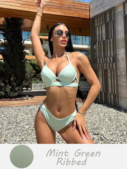 Cheky - Andzhelika Solid Push Up Bikinis Women Bandage Bikini Sets Swimsuit Sexy Halter Two Pieces Beachwear Bathing Suit Swimwear