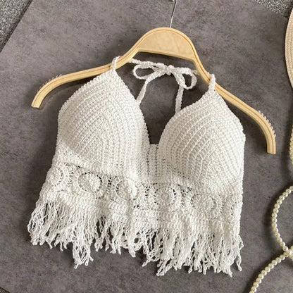 Cheky - Sexy Boho Beach Holiday Camisole Halter Women Crochet Knit Swimsuit Bra Backless Vest Hollow Tassel Tank Top Women's Crop Tops