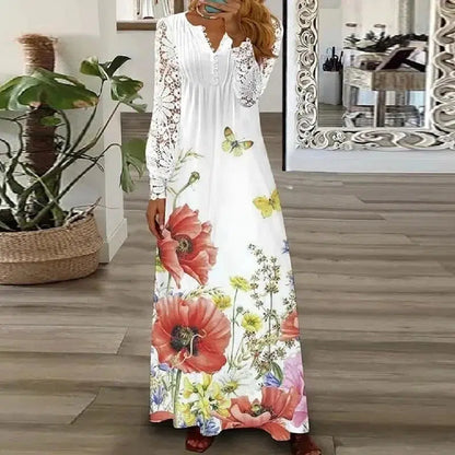 Cheky - Spring Summer Floral Print Long Dress Boho V Neck Long Sleeve Lace Patchwork Party Dresses For Women Fashion Holiday Maxi Dress