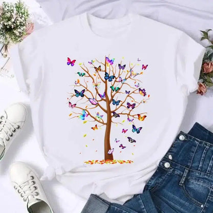 Cheky - Short Sleeve Butterfly Bow Sweet Flower Fashion Summer Women Print T Shirt Female Casual Top Tshirts Cartoon Graphic Tee T-Shirt