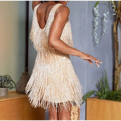 Cheky - New Sexy Tassel Sequins Feather Mini Dress Women Spaghetti Strap Stitching Dresses Female Elegant Evening Party Club Dress