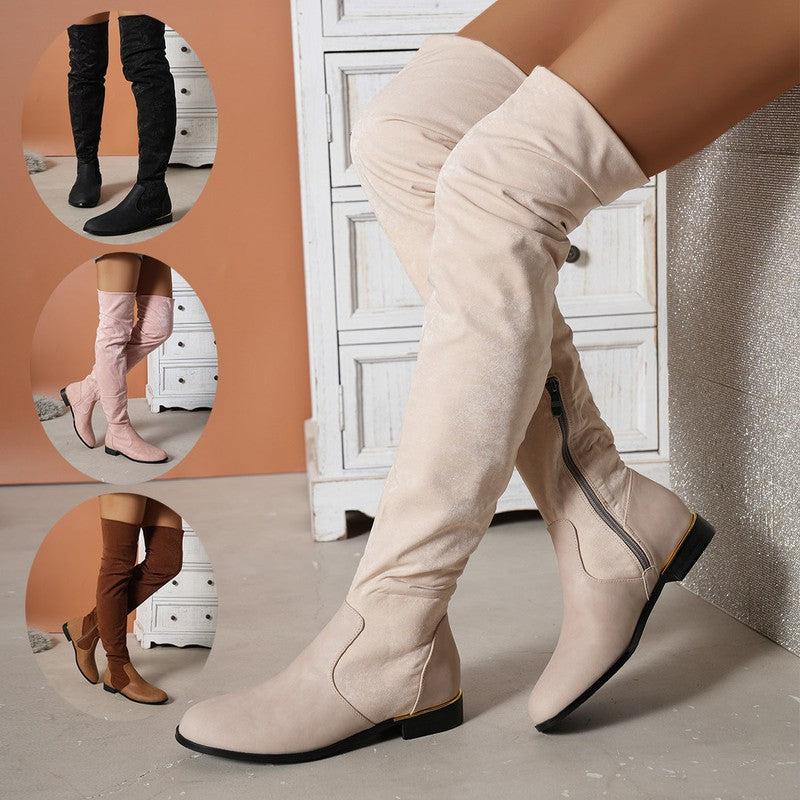 Cheky - Fashion Over-the-knee Boots For Women Suede Stitching Low-heeled Long Boots With Side Zipper Design Party Shoes Winter