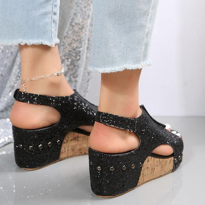 Cheky - Summer Chunky Wedges Sandals Fashion Sequins Velcro Shoes Women