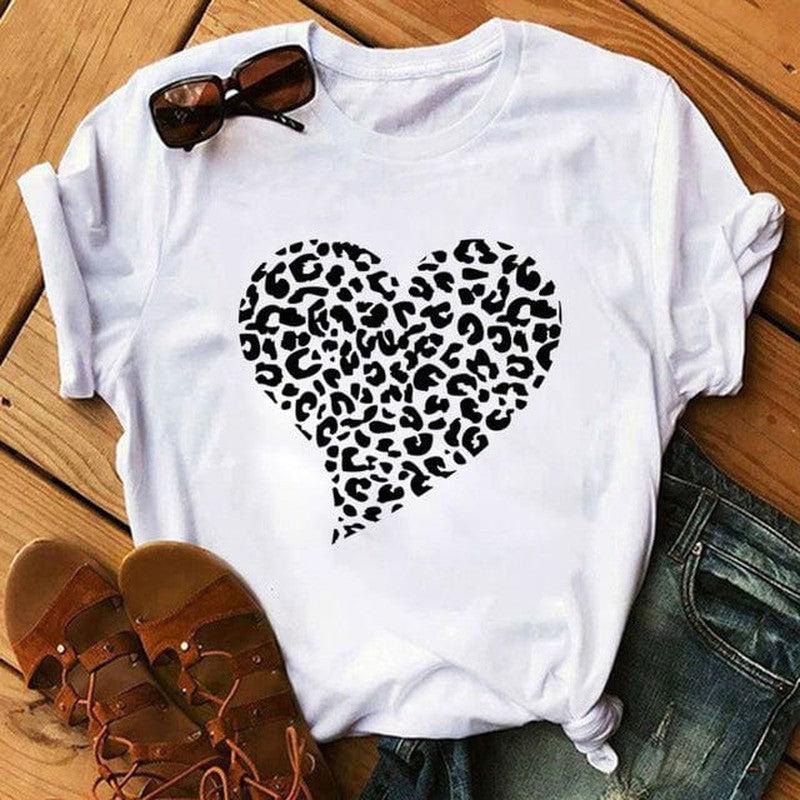 Cheky - Spring Women's Cartoon Leopard Print Heart Printing T-shirt