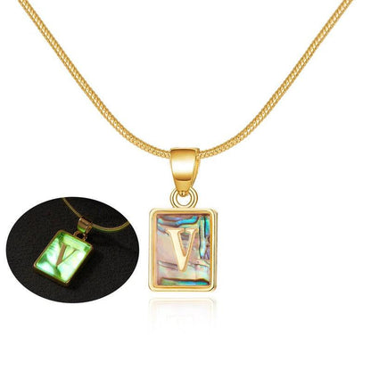 Cheky - 26 Letter Square Necklace Colorful Shell Luminous Pendant Chain Necklace For Women Temperament Ladies Jewelry