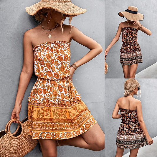 Cheky - Women's Bohemian Floral Print Strapless Dress Summer Beach Dress