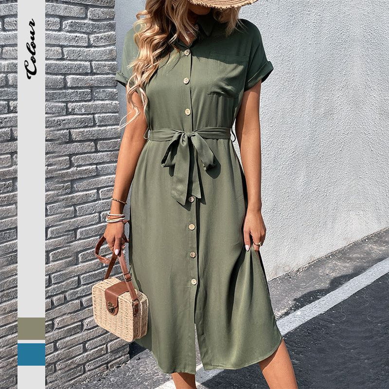 Cheky - Summer Short Sleeve Long Dress With Button Pocket Design Fashion Lace-up Turn Down Collar Womens Clothing