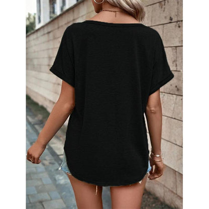 Cheky - V-neck Short Sleeve Tops Shirt Summer Button Design Blouse