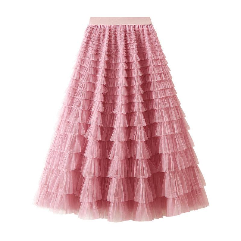 Cheky - A-Line Mesh Ruffle Skirt Women's Temperament Sweet Long Skirt Slim Cupcake Dress Womens Clothing