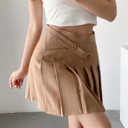 Cheky - New Summer Oblique Button High Waist Pleated Skirt