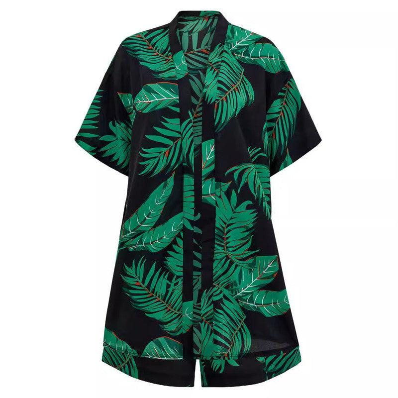 Cheky - 2pcs Casual Holiday Leaves Print Suit Summer Short Sleeve Shirt Top And Drawstring Shorts Sets For Womens Clothing