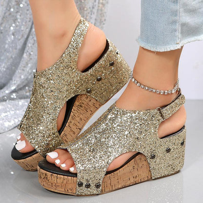 Cheky - Summer Chunky Wedges Sandals Fashion Sequins Velcro Shoes Women