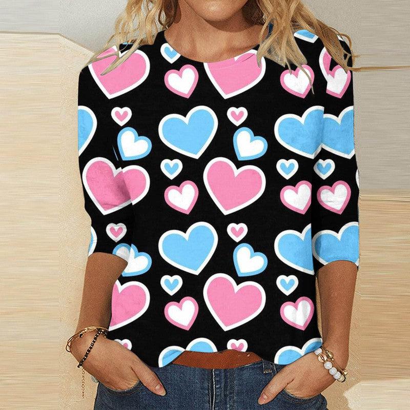 Cheky - Valentine's Day Female With Hearts Printing Crew Neck T-shirt Top