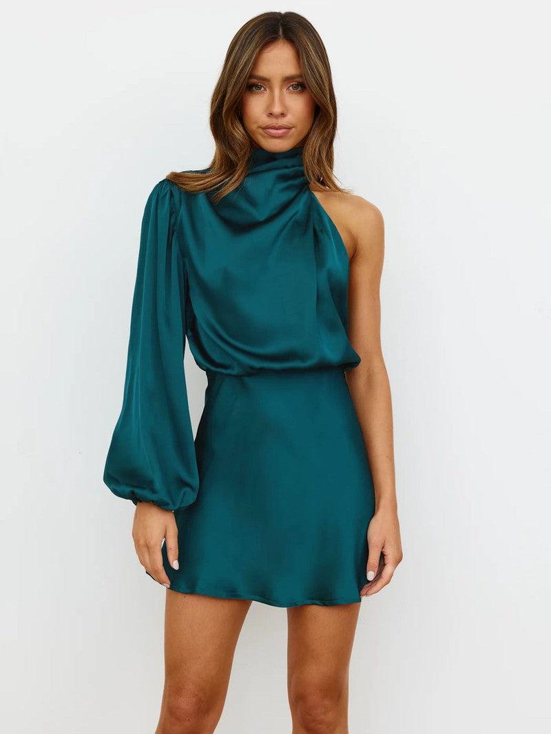 Cheky - Satin Long Sleeve One-shoulder Elegant Dress