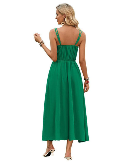 Cheky - Solid Color Suspender Long Dress Spring And Summer Bow Waist Tie Design Dress Womens Clothing