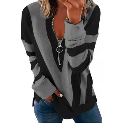 Cheky - V-neck Zipper Personalized Printing Long-sleeved Sweatshirt