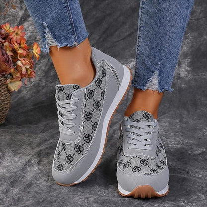 Cheky - Flower Print Lace-up Sneakers Casual Fashion Lightweight Breathable Walking Running Sports Shoes Women Flats