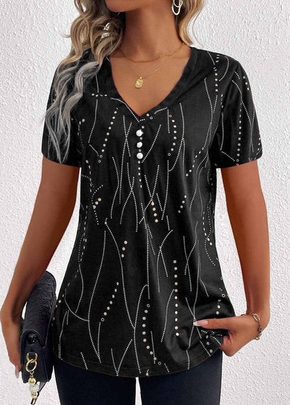 Cheky - New V-neck Printed Button T-shirt Summer Fashion Leisure Short-sleeved Top Womens Clothing