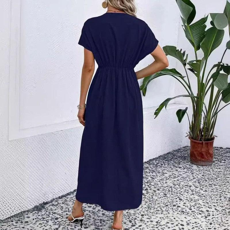 Cheky - Solid Color Deep V Shoulder Sleeve Folding Elastic Waist Long Dress