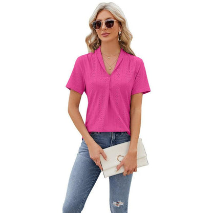 Cheky - V-neck Hollow Design T-shirt Summer Loose Short-sleeved Top For Womens Clothing