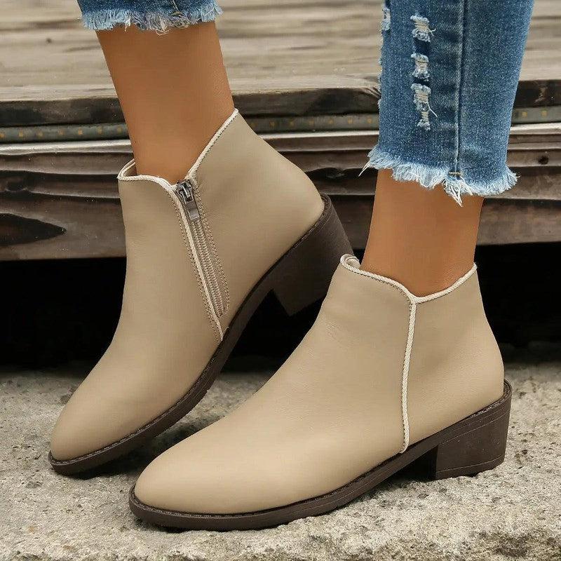 Cheky - Ankle Boots Women Chunky Mid Heel Shoes Waterproof Side Zipper Boots