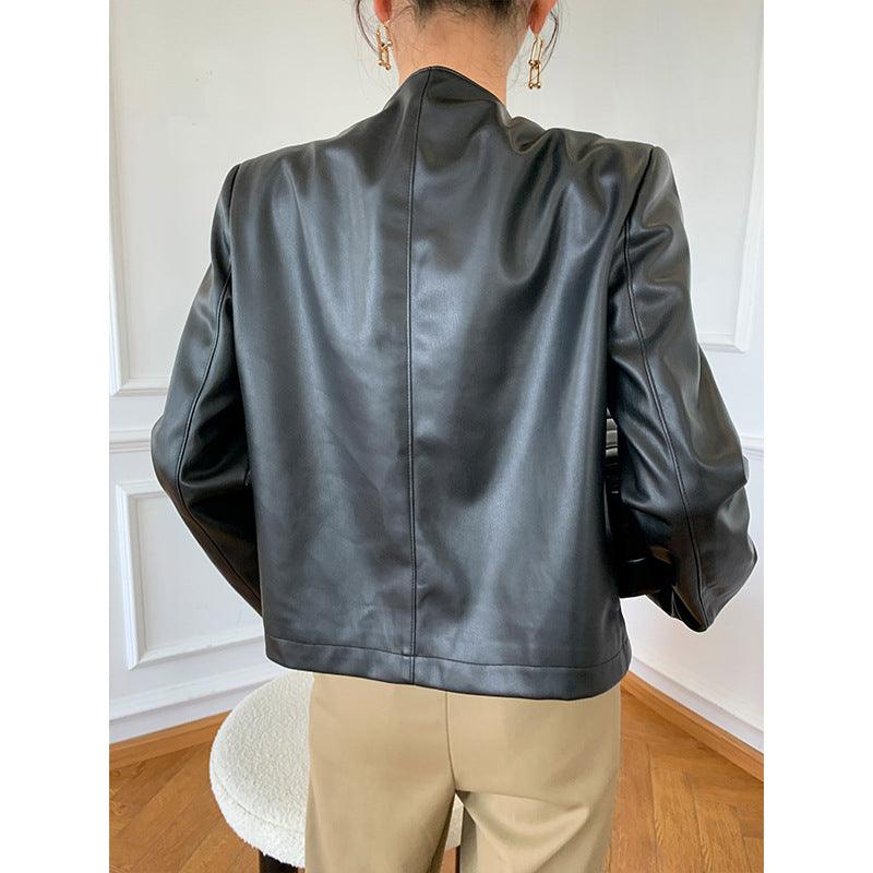 Cheky - Black Round Neck Cardigan Casual Faux Leather Jacket