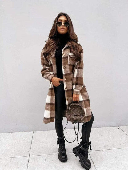 Cheky - Button lapel casual warm plaid long woolen coat