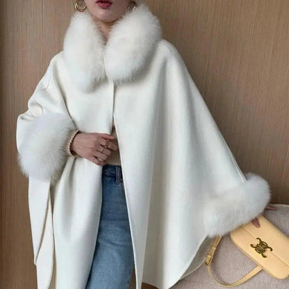 Cheky - Cape Fox Fur Collar Cashmere Wavy Coat