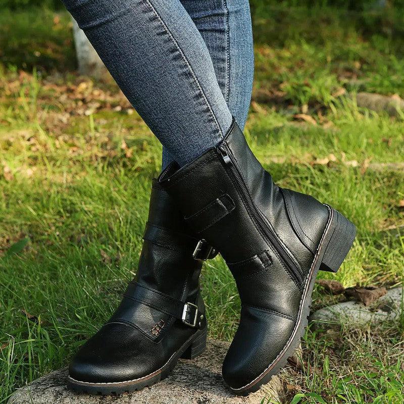 Cheky - Casual Round Toe Belt Buckle Women Boots