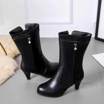 Cheky - Chic Heart Charm Zipper High Heel Boots - Versatile Winter Fashion