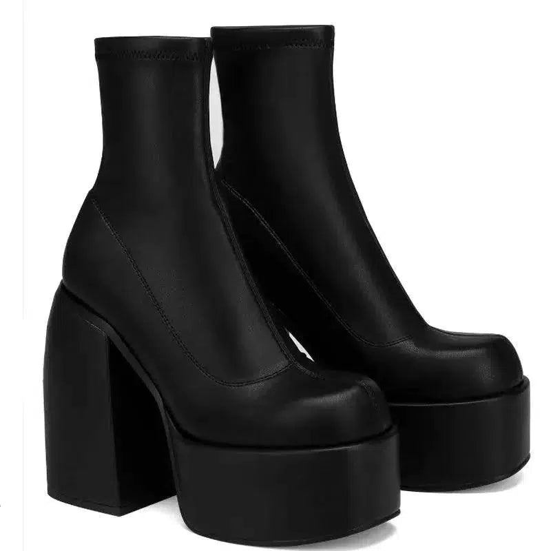 Cheky - Chunky Boots Fashion High Heel Shoes With Side Zipper Women