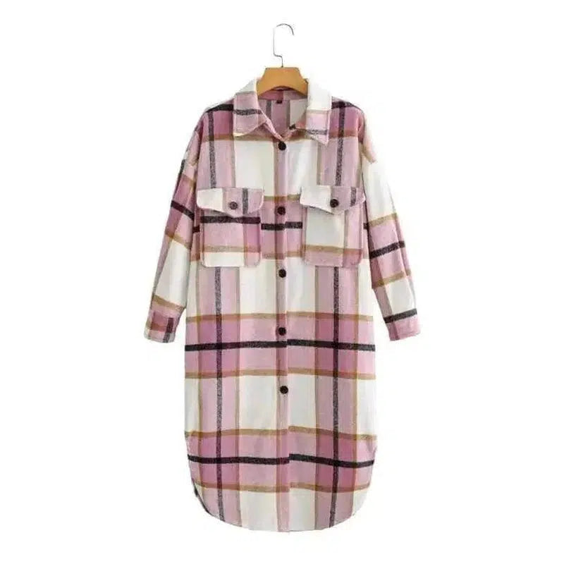 Cheky - Contrasting Plaid Casual Fashion Simple Long Woolen Coat